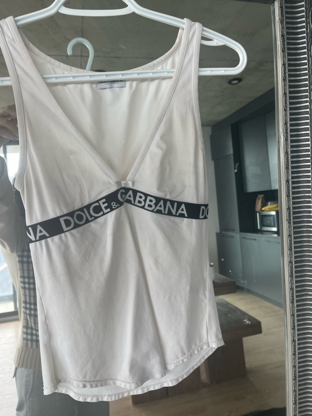Dolce & Gabbana Cream V-Neck Tank with Black Logo Band